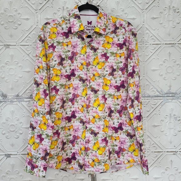 OSCAR PARIS Couture Designer Men's Tailor Fit Shirt Size Med Floral Butterfly - Picture 1 of 12